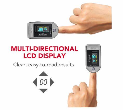 Sunbeam Deluxe PULSE OXIMETER MULTI DIRECTIONAL DISPLAY
with batteries, lanyard and case