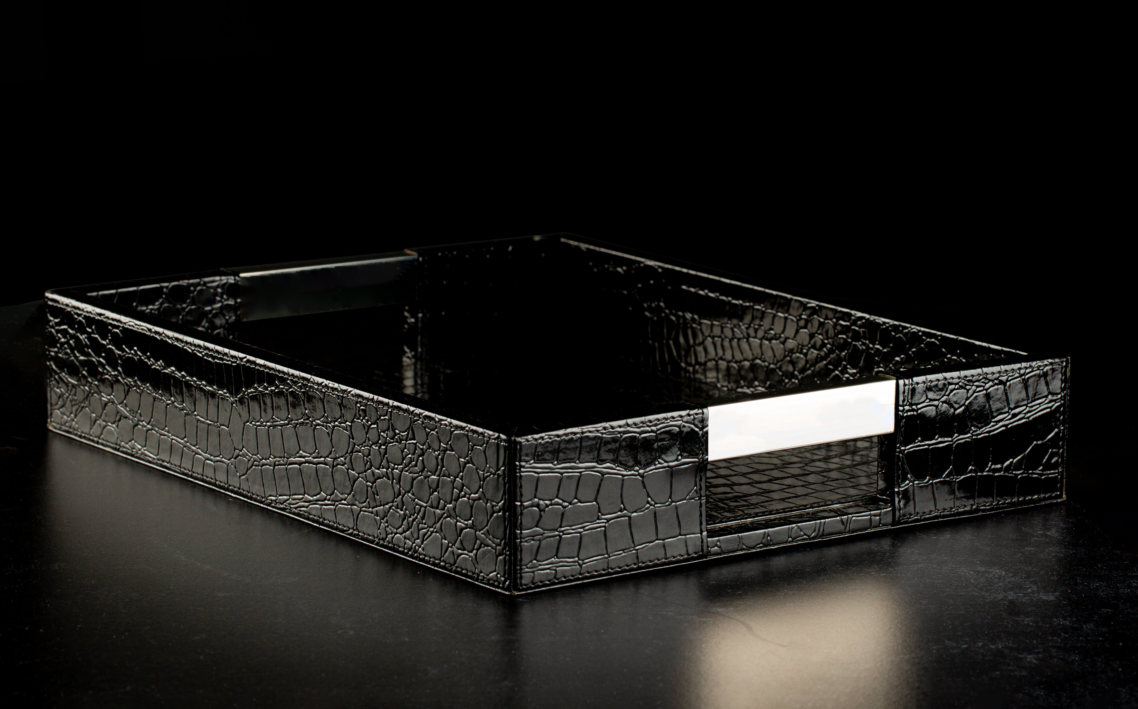 Black Leatherette Service Tray with Brushed Stainless Handles – 12 x 16"