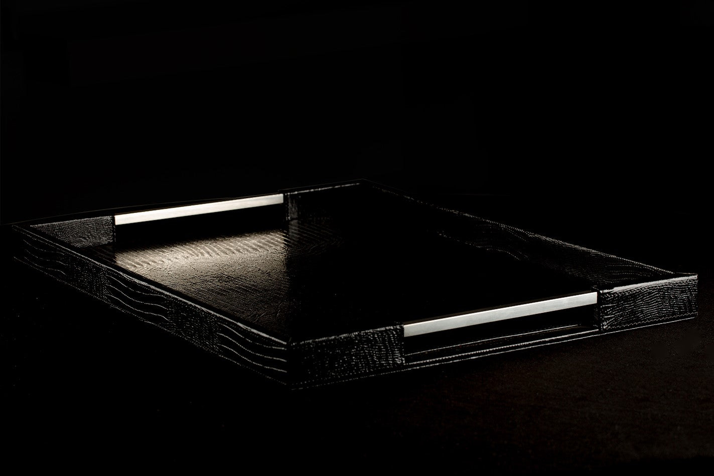 Black Leather Tray with Silver Handles