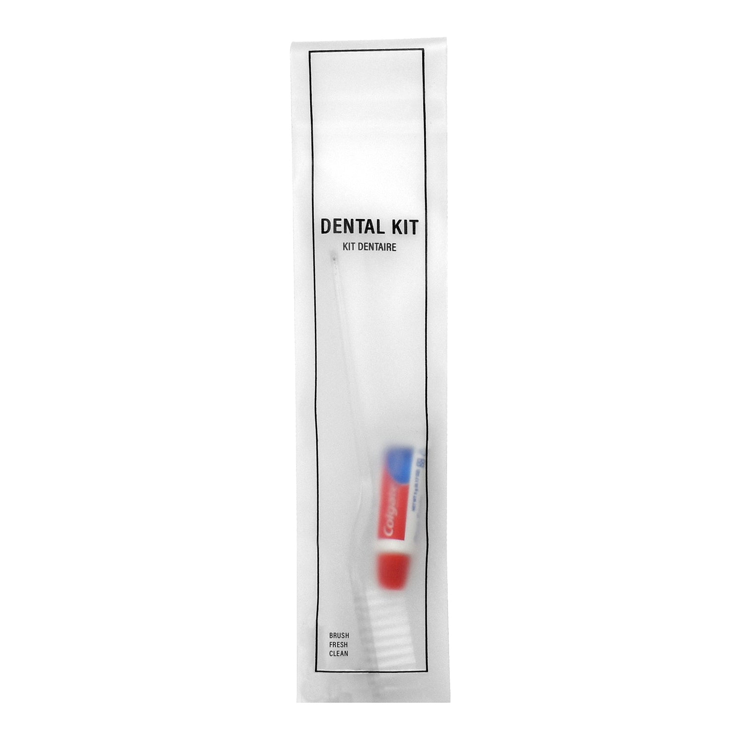 Dental Kit - standard toothbrush and 5g Colgate
toothpaste in frosted sachet with black print
