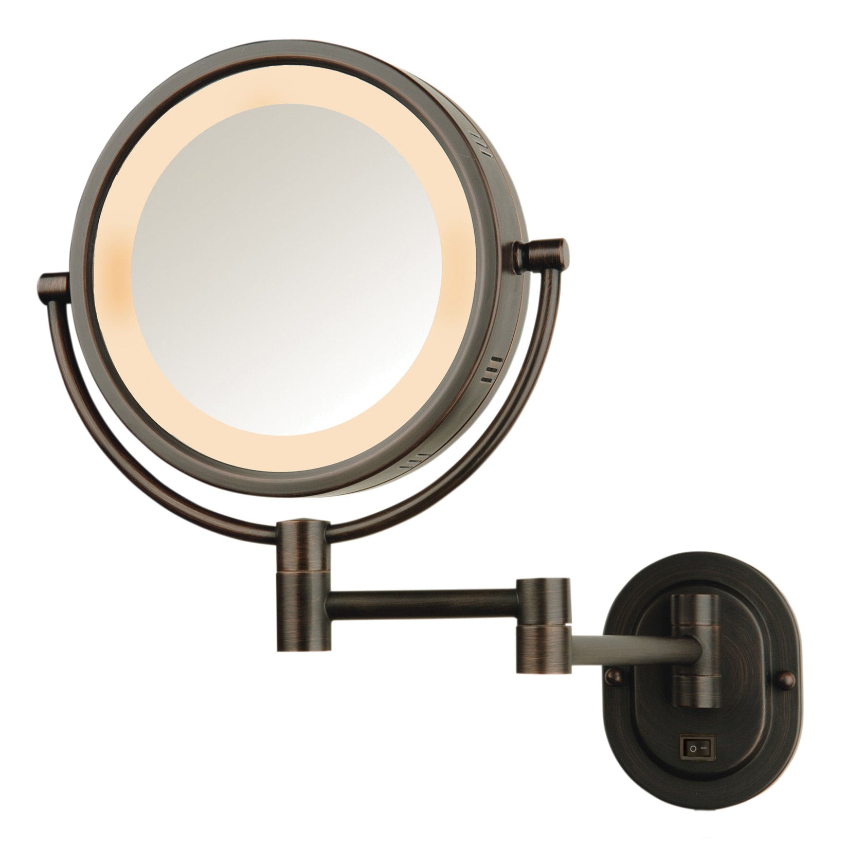 8", 5X-1X Halo Lighted Wall Mirror, Double Arm, Bronze