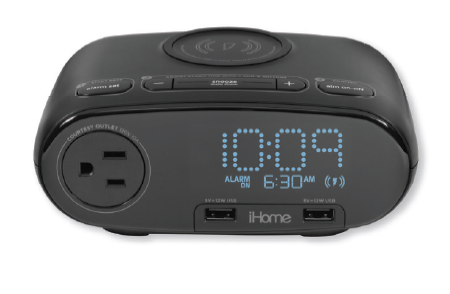 Pre-set Clock with Qi Wireless Charging, Dual USB Fast Charging, AC Outlet, and Single Day Alarm