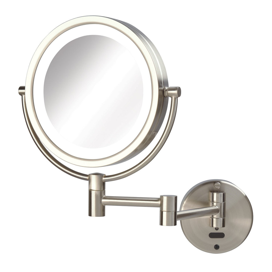 Two Sided Mirror 8X-1X Magnification, 8.5” Diameter Mirror Frame, Motion Sensor Turns On/Off Light, Re-chargeable battery included, Charging Cord Connects to AC or USB Port