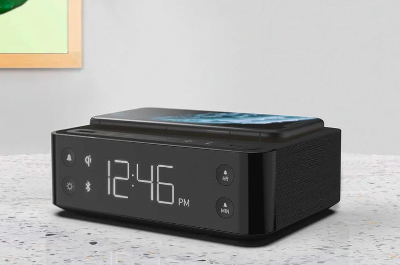 Station A In-Room Alarm Clock with White Noise, USB Charging, Qi Wireless Pad, and Bluetooth – Black