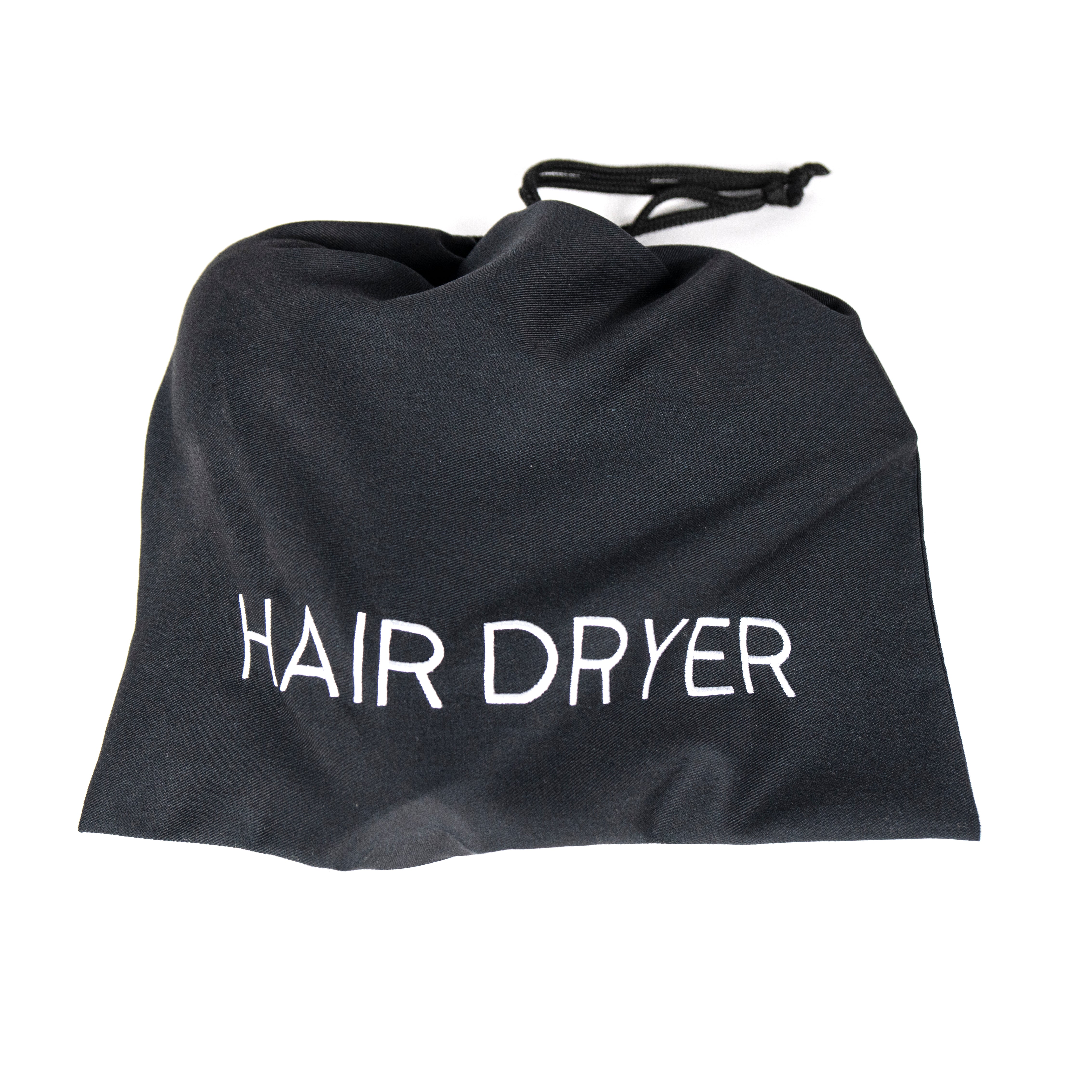 Hair Dryer Bag - T160, 70Poly/30Cotton, Embroidered White "Hair Dryer", 12x12, Cord Closure, Black w/ White, Drawstring, GSA Compliant