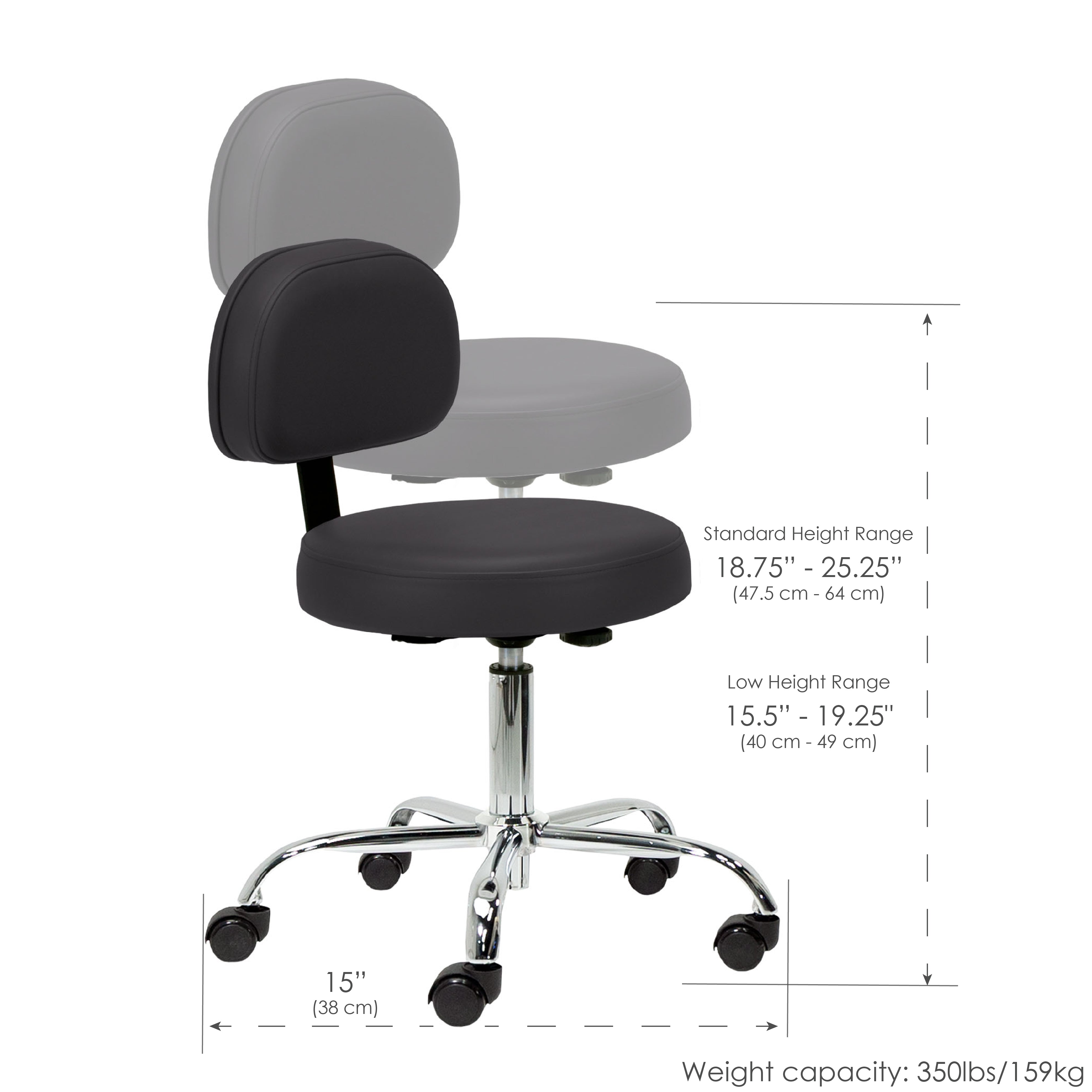 Pneumatic Rolling Stool w/ Back (19-26” / Standard height)