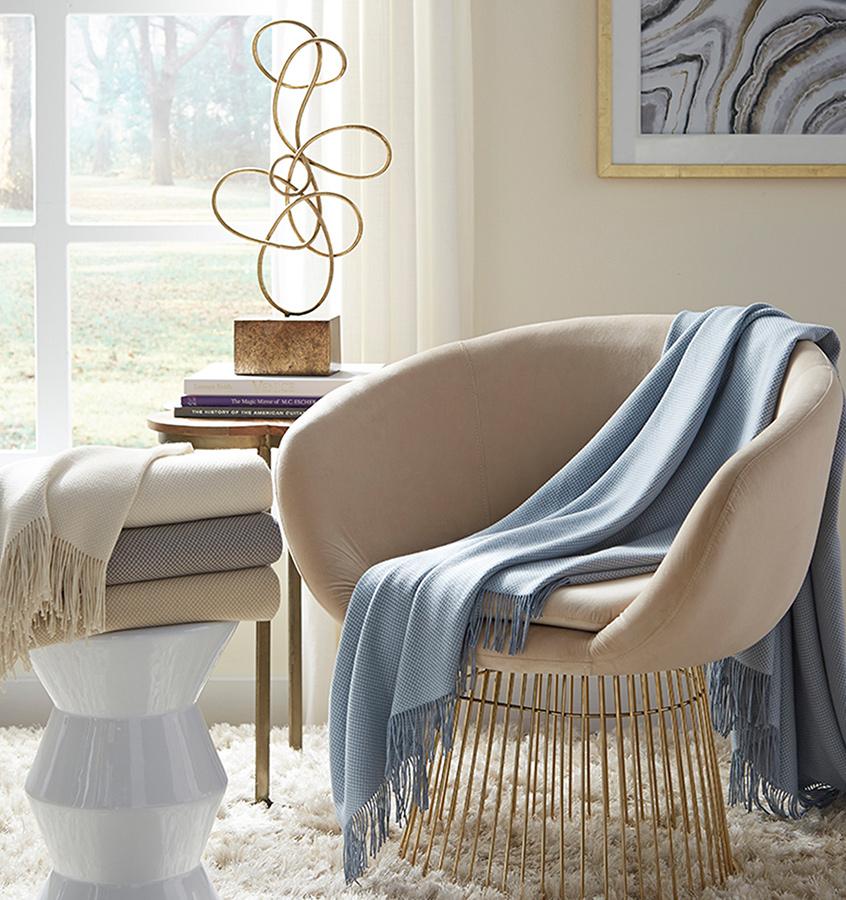 Bristol Throw Blanket 85% Pima Cotton/ 15% Alpaca, two-color basket weave with twisted fringe, made in Peru