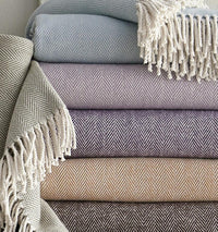 Celine Throw Blanket 100% brushed cotton , herringbone woven design brushed nap with twisted fringe, made in Portugal