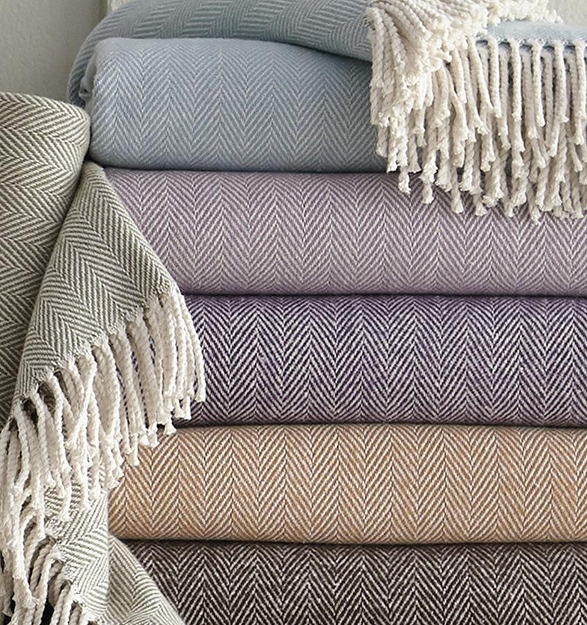 Celine Throw Blanket 100% brushed cotton , herringbone woven design brushed nap with twisted fringe, made in Portugal