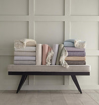 Celine Throw Blanket 100% brushed cotton , herringbone woven design brushed nap with twisted fringe, made in Portugal