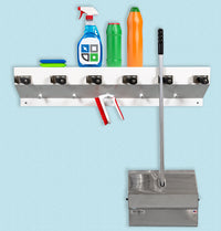 Mop and Broom Holder 6 Cam, Shelf & Hooks, Steel, White