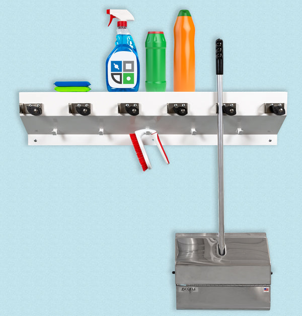 Mop and Broom Holder 6 Cam, Shelf & Hooks, Steel, White