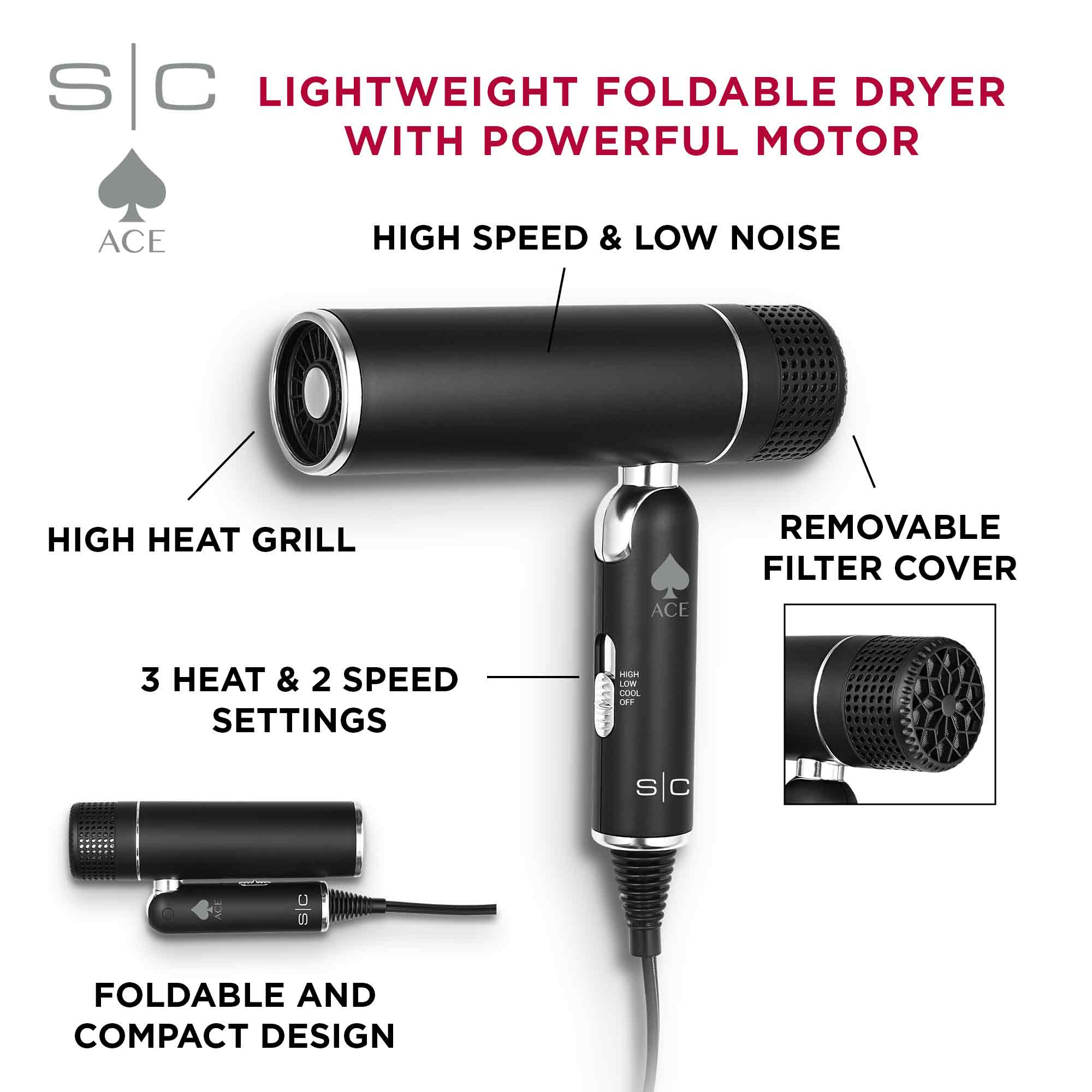 Ace Professional Lightweight Foldable Hair Dryer, 3 Heat and 2 Speed Settings, 1600 Watt