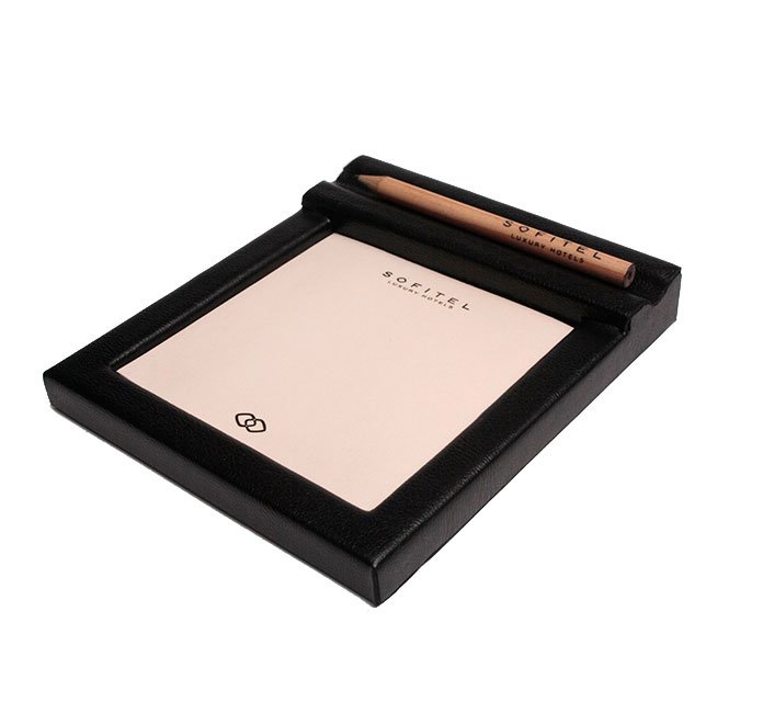 Notepad Holder, 3.4"x3.4" Paper, Faux Leather & Wood