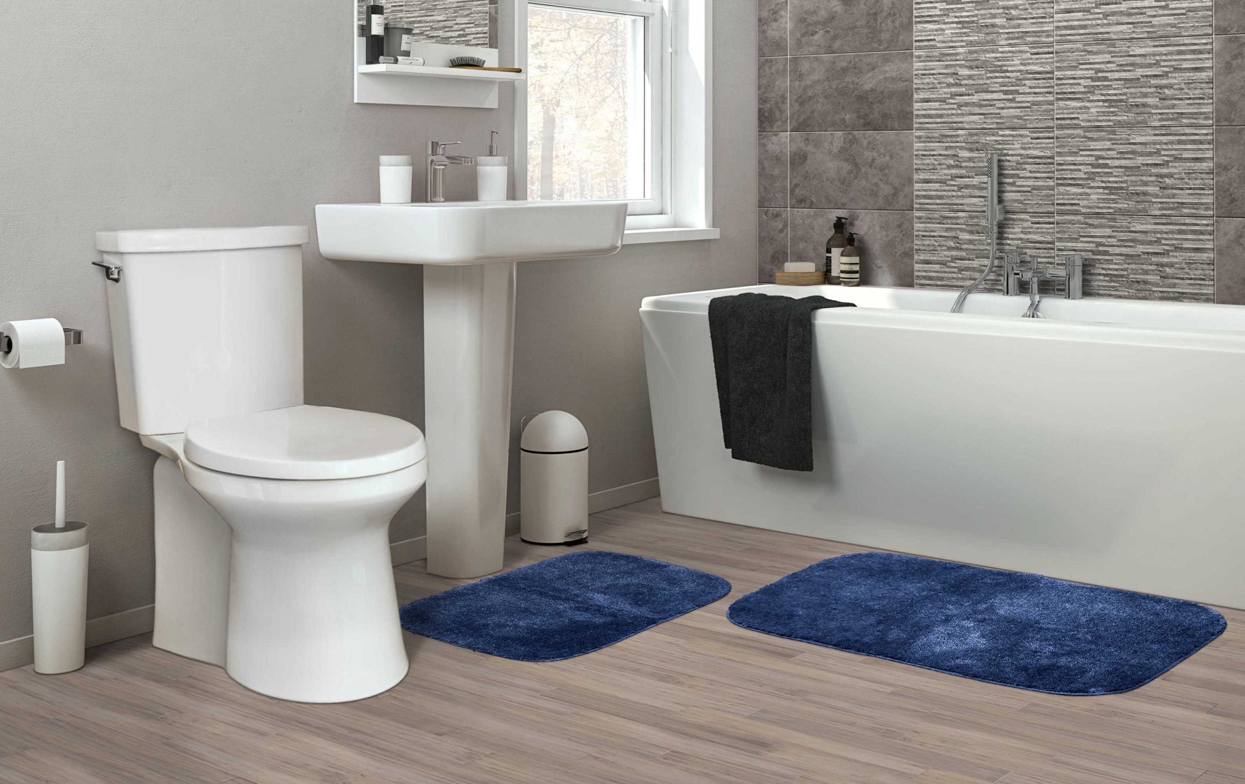 Deco Plush Bath Rug, heavy weight 100% plush nylon (28oz face weight). Washable latex backing. Bound on all sides. Made in the U.S.