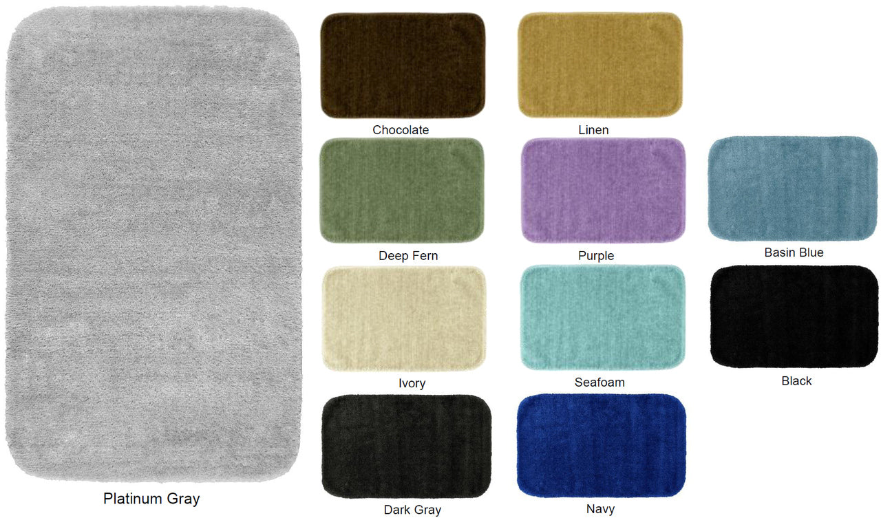 Deco Plush Bath Rug, heavy weight 100% plush nylon (28oz face weight). Washable latex backing. Bound on all sides. Made in the U.S.