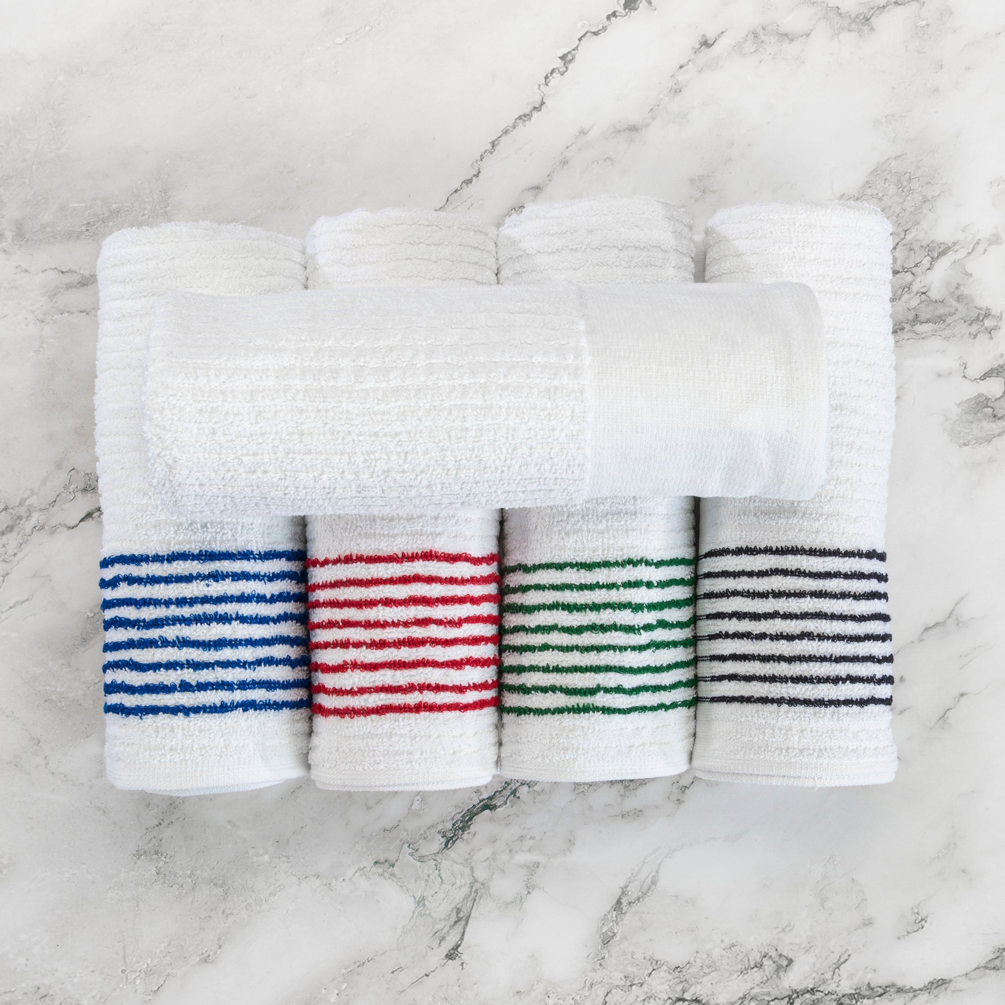 Super Ribbed, 86% Cotton/14% Polyester with 100% Ringspun Loops, with Yard Dyed Pin Stripe