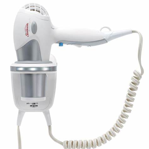 Sunbeam®, greensense™ Full-Size Wall Mount Hair Dryer,  LED nightlight,  adjustable between 1875 - 1200 watts for energy saving, 3 heat,2 speed, cool shot, tourmaline, removable lint filter, 2 yr warranty,  fits 1632 series wall mount bracket - White