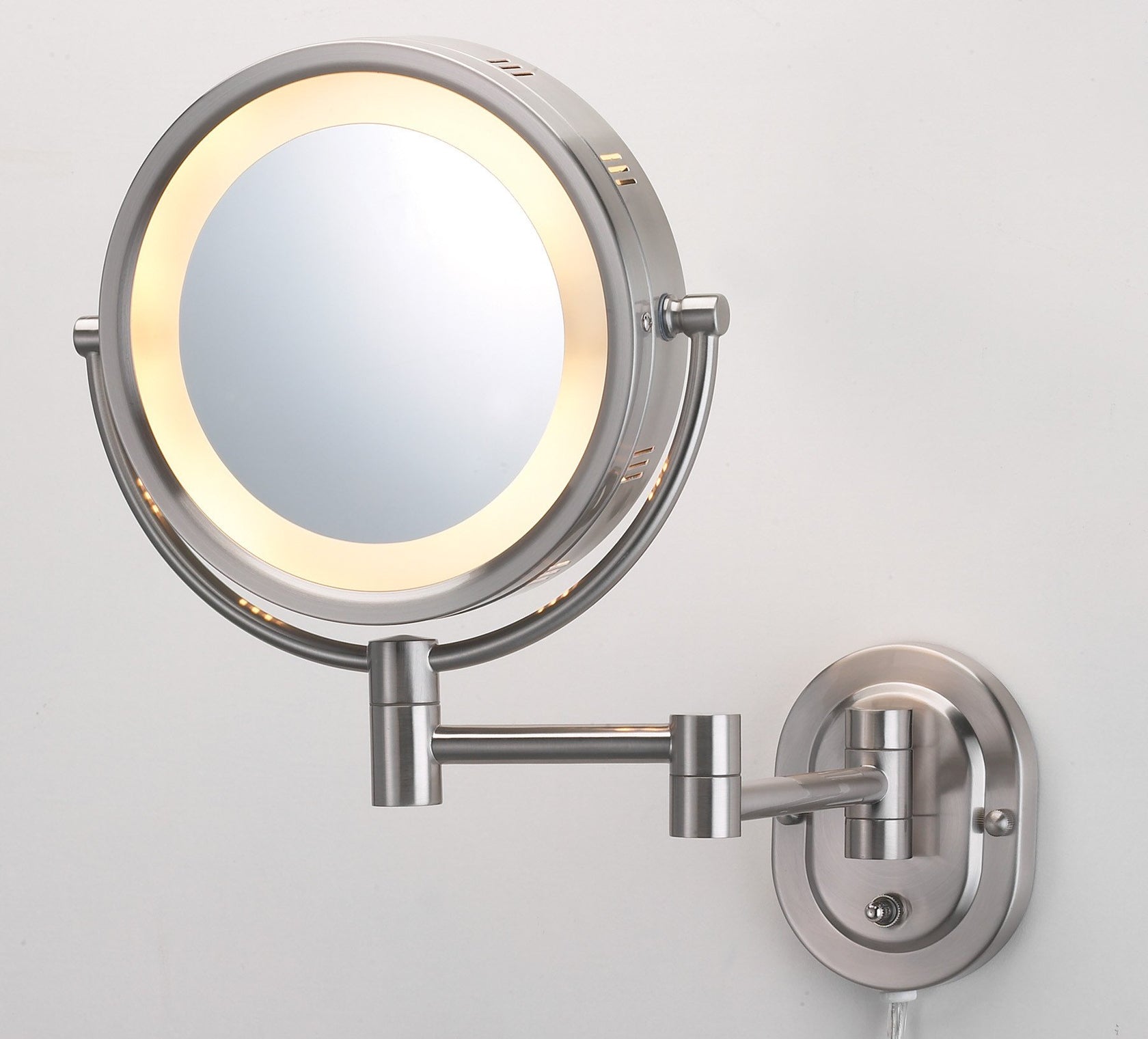 8", 5X,1X Halo Lighted Wall Mirror, Double Arm, Nickel