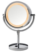 8.5", 5X-1X  Lighted Table Top Mirror, Chrome, Height 15", AC Outlet on Base