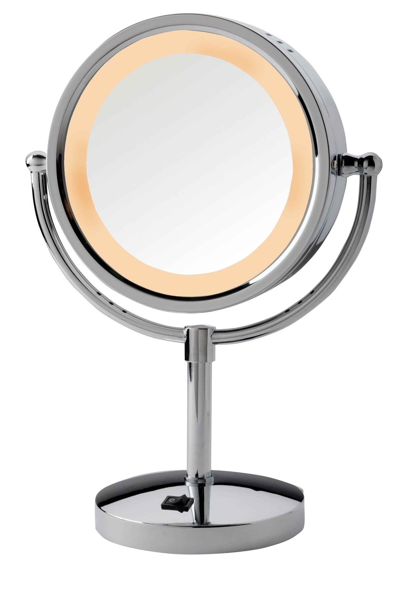 8.5", 5X-1X  Lighted Table Top Mirror, Chrome, Height 15", AC Outlet on Base
