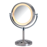8.5", 5X-1X  Lighted Table Top Mirror, Nickel, Height 15"