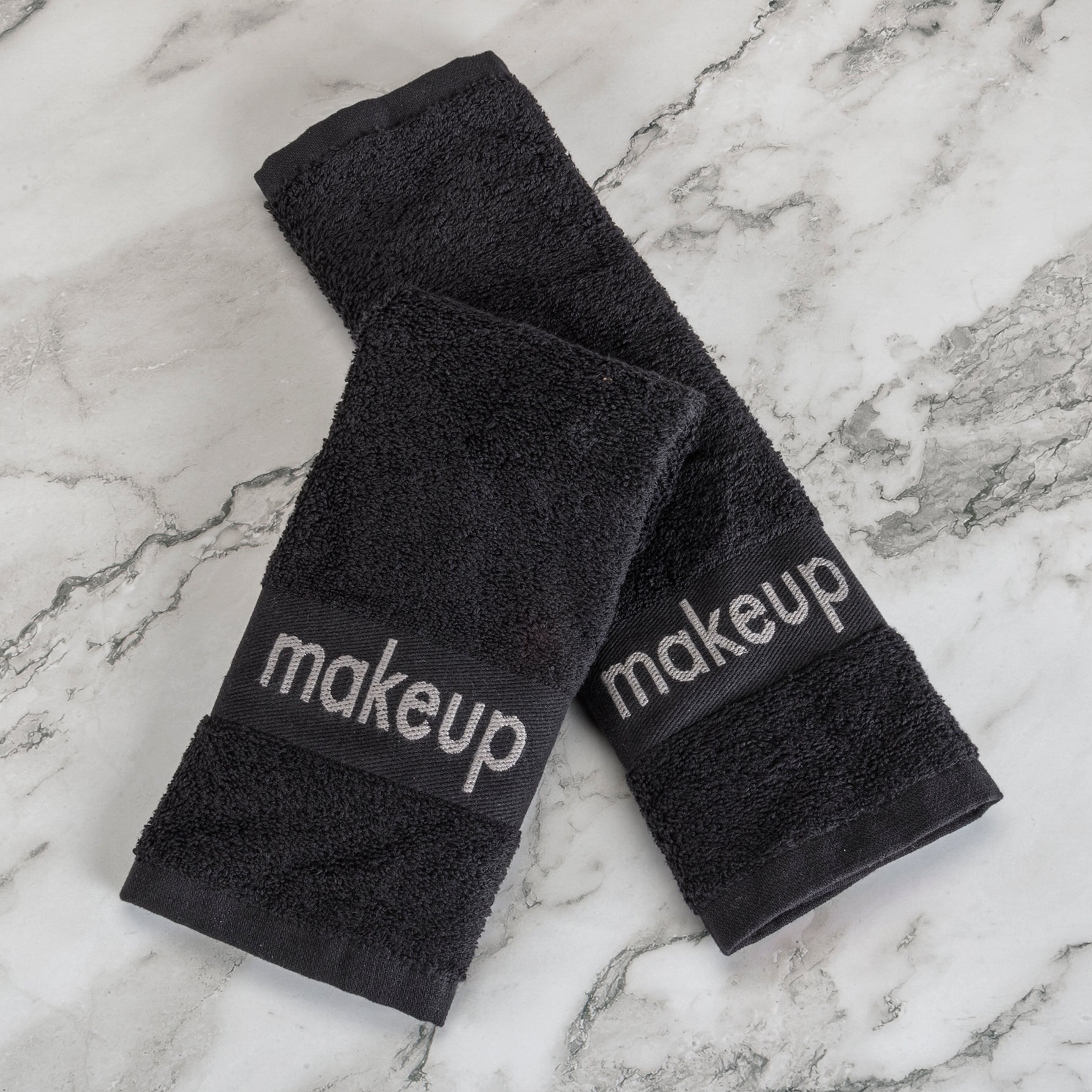 Makeup Washcloth, 13"x13" 1.5#, 100% Ringspun Cotton Loops, Vat Dyed, Black with "Makeup" White Embroidery