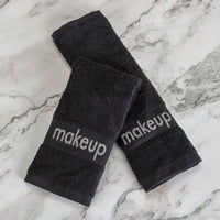 Makeup Washcloth, 13"x13" 1.5#, 100% Ringspun Cotton Loops, Vat Dyed, Black with "Makeup" White Embroidery