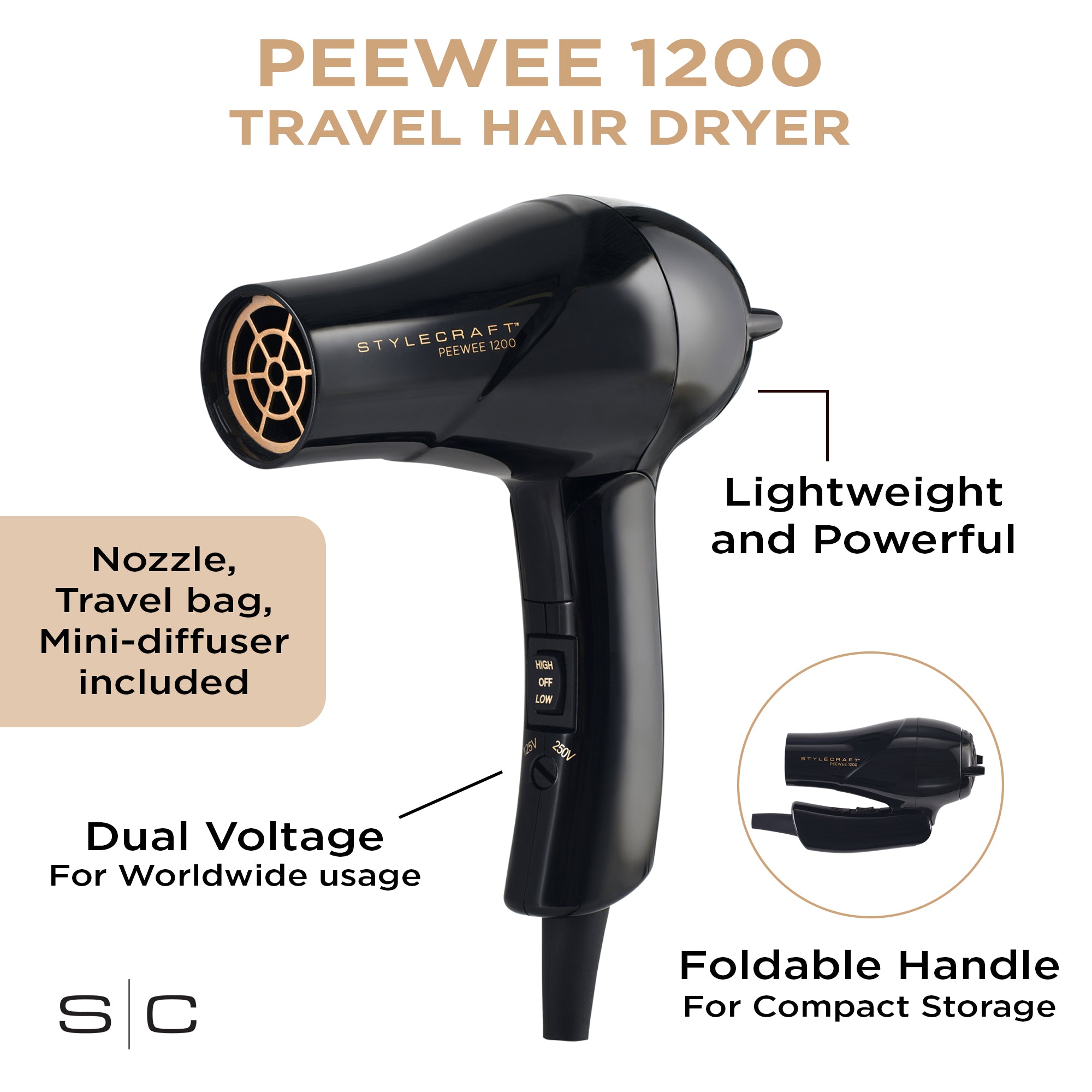 Peewee Professional Compact Folding Hair Dryer, Supercharged Micro Motor, 1000 Watt