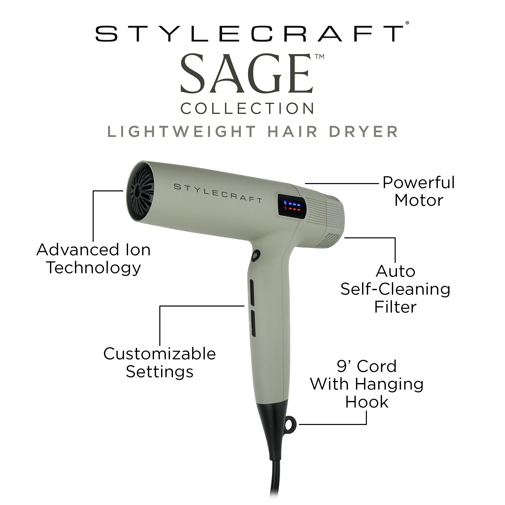 StyleCraft Sage Professional Lightweight Hair Dryer with Advanced Ion Technology, 1600 Watt