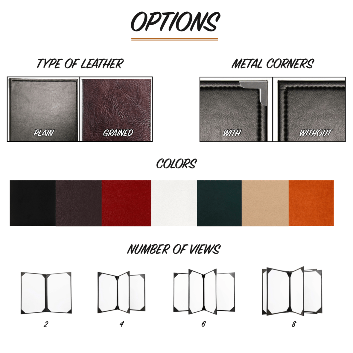 Premium Menu Cover, 8.5"x11" Paper (10 views), Faux Leather