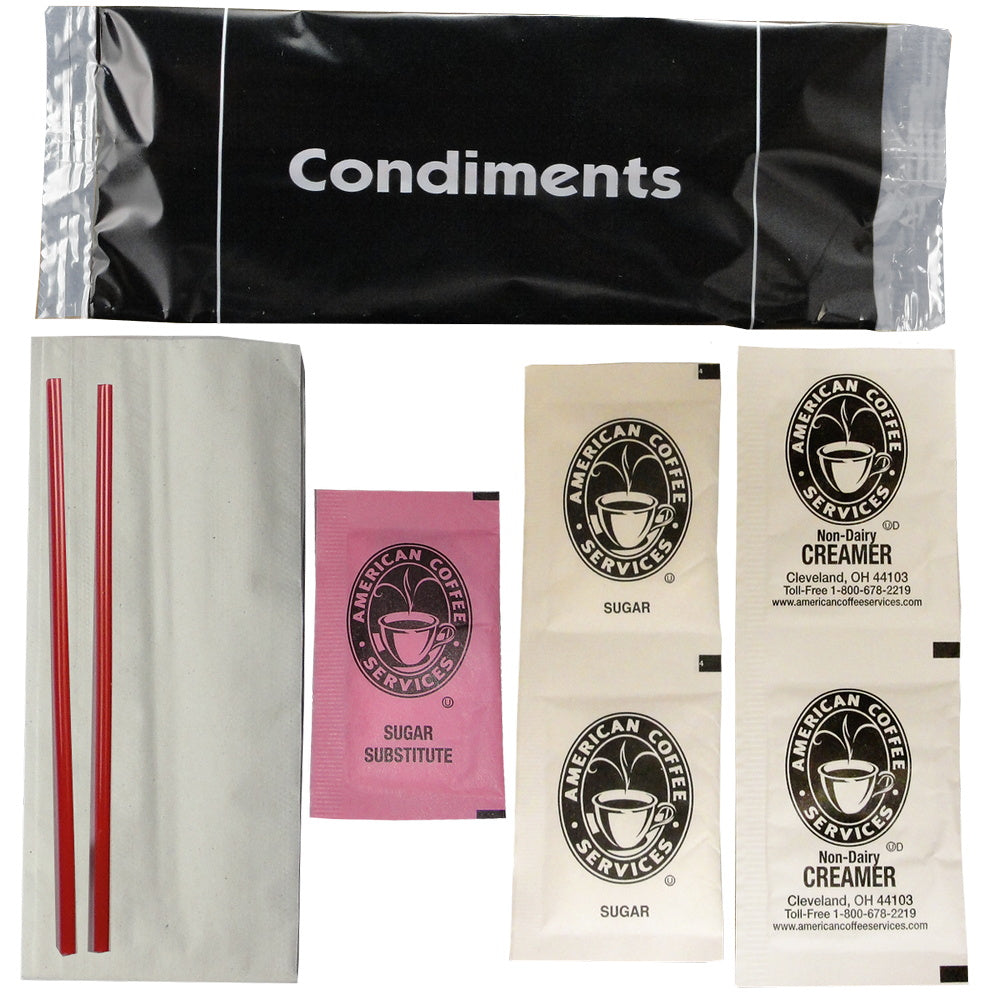 Condiment Pack Black Wrap: 2 Sugar, 2 Cream, 1 Pink, 2 Stir, 1 Napkin