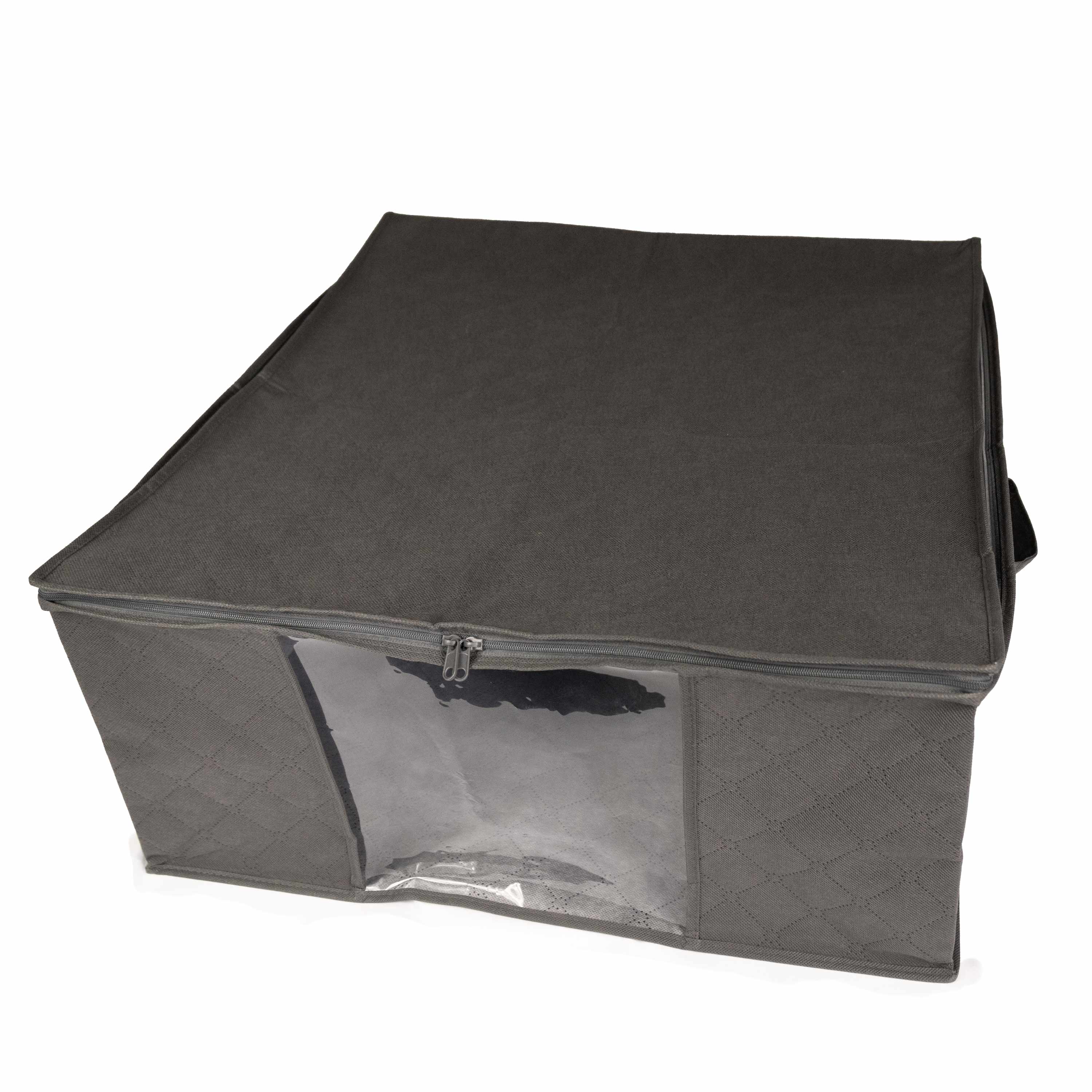 Closet Storage Bag - For blanket and pillow, Diamond Quilted Polypropylene, Frameless, Twin Pull Zipper, View Window, 2 Fabric Handles, Charcoal Gray