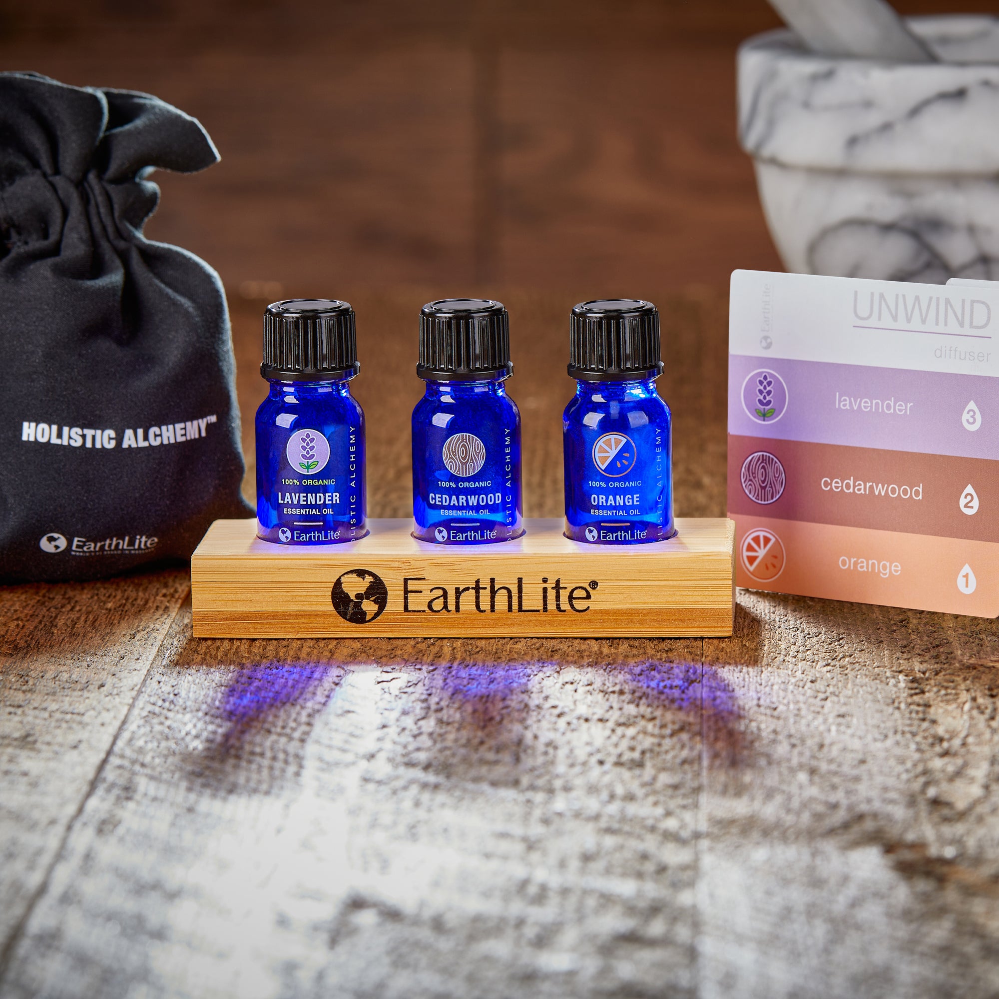 3 Single Note Organic Essential Oil Kit (Bamboo stand, carry bag, guide)