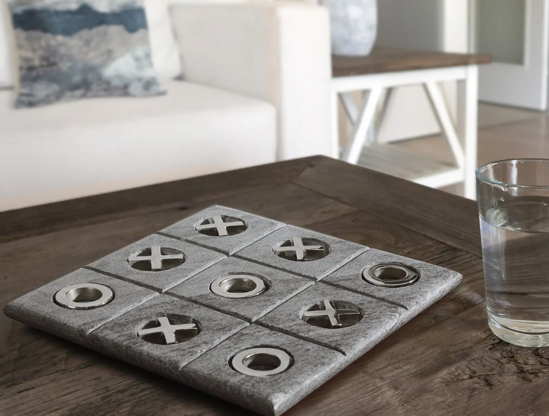 Tic Tac Toe, Grey Marble & Casted Brass