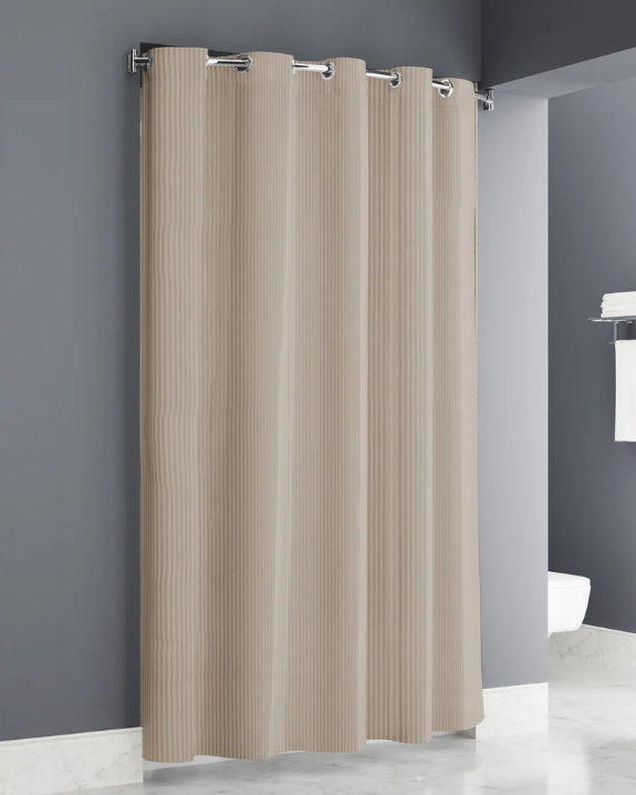 Vertical Stripe Tan Easy Hang White Shower Curtain 71x73 Hook Chrome Waterproof