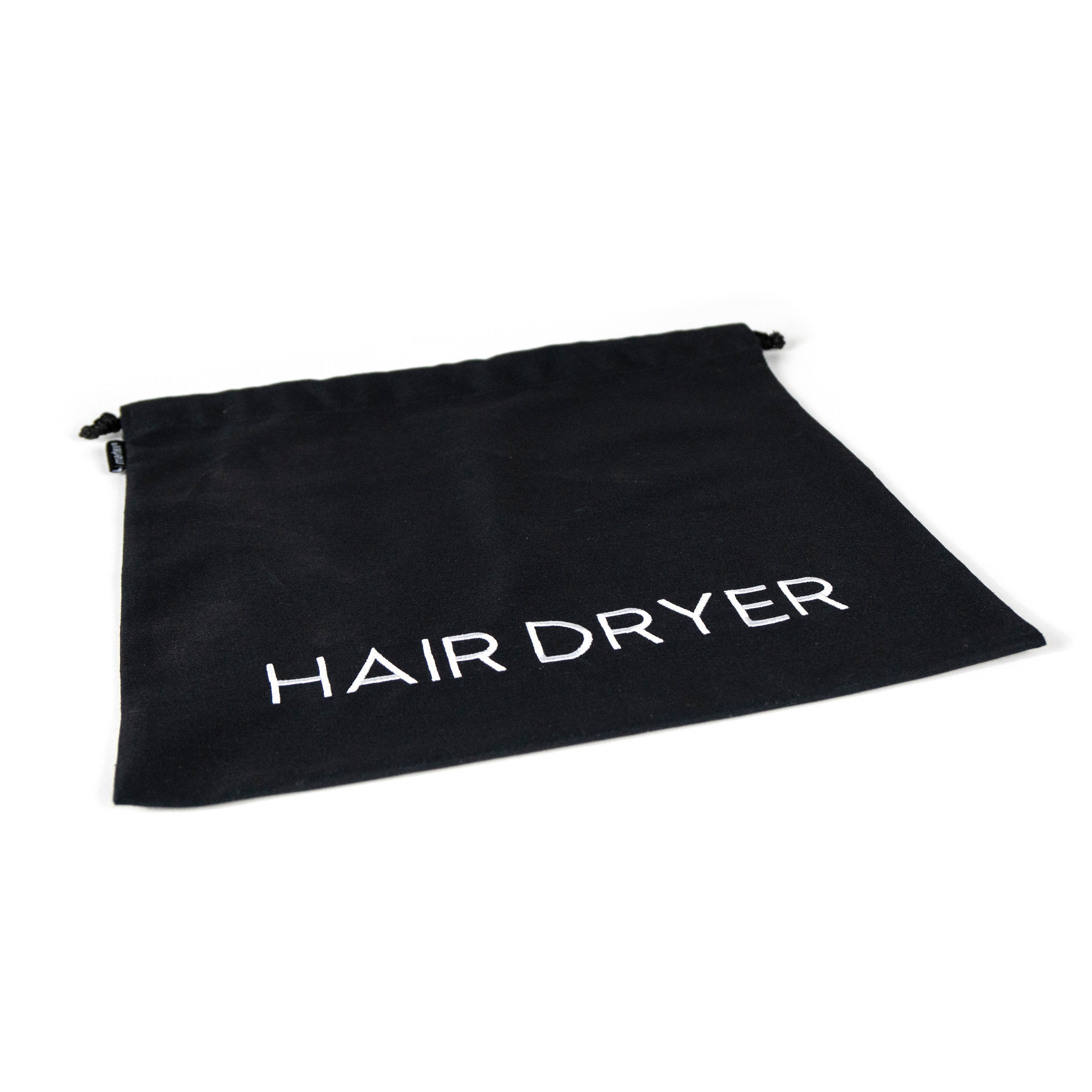 Hair Dryer Bag - T160, 70Poly/30Cotton, Embroidered White "Hair Dryer", 12x12, Cord Closure, Black w/ White, Drawstring, GSA Compliant
